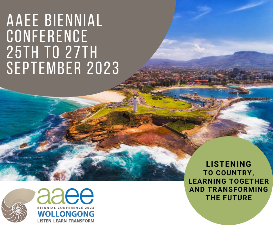promotional image aaee biennial conference beach scene wollongong and text